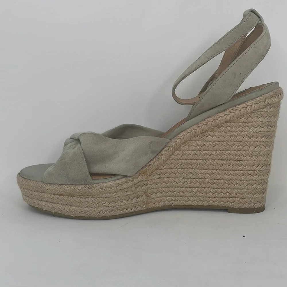FRYE SANDALS Wedge Heel Shoes Ankle Strap Bow Tan Sage Leather Size 10